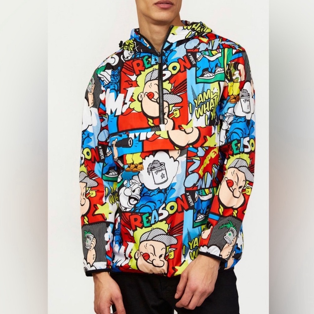 Reason Popeye Multicolor Graphic Jacket All Over Comic print Rain Windbreaker - Picture 4 of 10